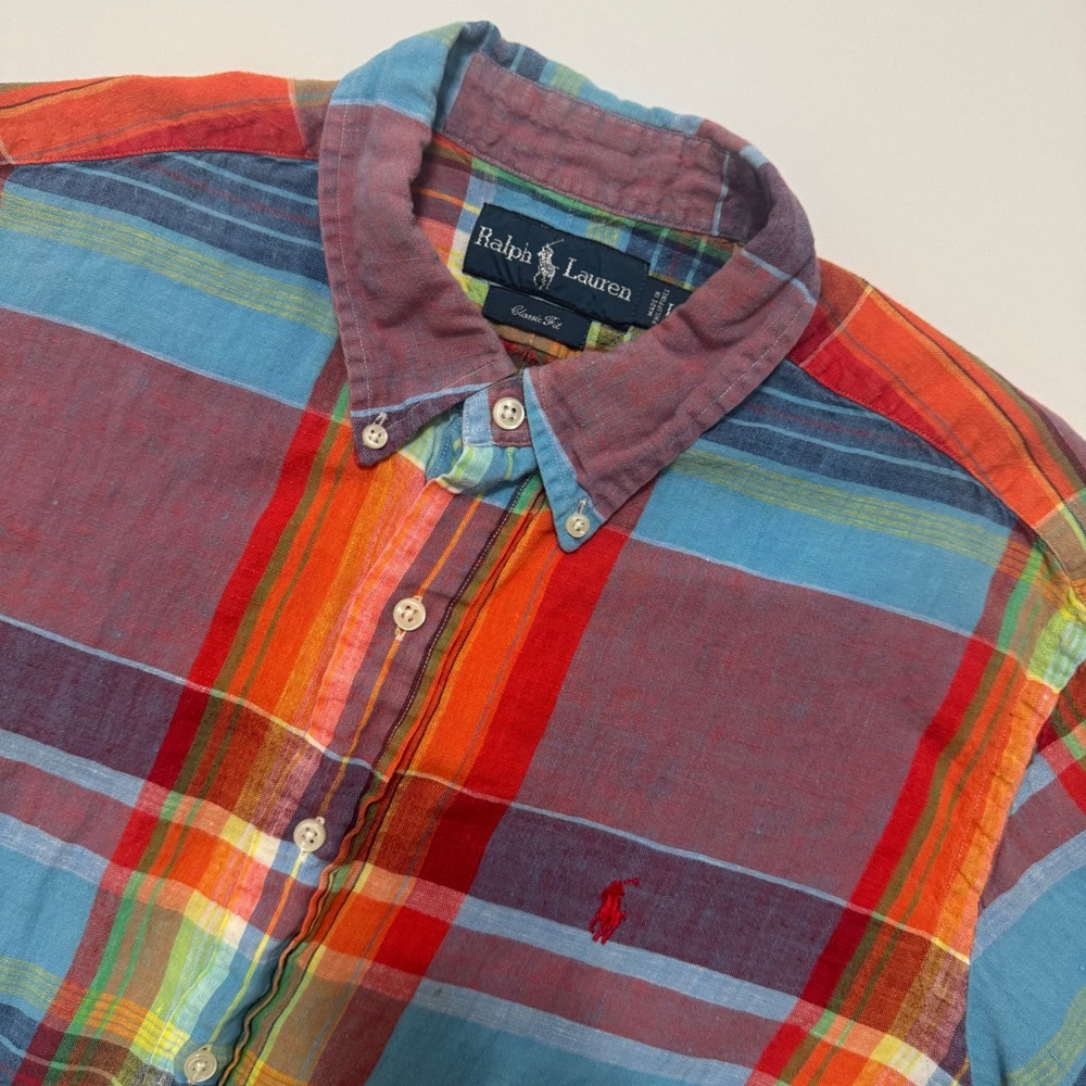 Ralph Lauren Button Down Shirt Mens L Multicolor Plaid Excellent Short Sleeve